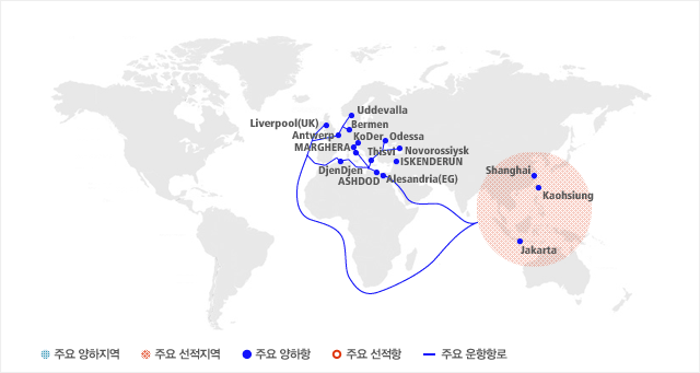 SK해운은 현재 극동  동남아시아 – 구주 항로 간 연 6 항차 이상 철재 및 각종 화물을 운송하고 있습니다.
                     주요 양하항은 Shanghai , Kaohxiung , Jakarta , Liverpool(UK) , Antwerp , MARGHERA , DjenDjen , ASHDOD , Uddevalla , Bermen , KoDer , Odessa , Thisvi , Novorossiysk , ISKENDERUN , Alesandria(EG) 입니다.
                     주요 선적지역은 동남아시아 입니다.